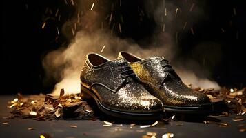 AI generated New years male golden sparkling shoe surrounded by glitter photo