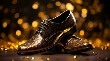 AI generated New years male golden sparkling shoe surrounded by glitter photo