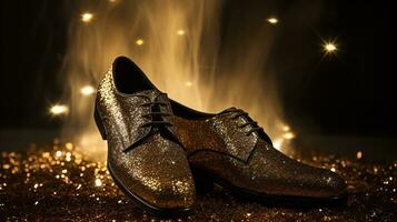 AI generated New years male golden sparkling shoe surrounded by glitter photo