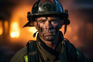 ai generado retrato de un bombero con sangre en su rostro. ardiente fuego a el antecedentes. ai generado foto