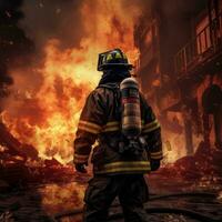 AI Generated Fireman back view. Huge flames of fire at the background. Firefighter scene. AI Generated photo