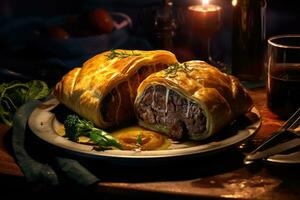 AI Generated Beef wellington. Classic steak dish on table. Burning candle. AI Generated photo