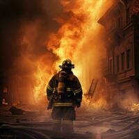 AI Generated Firefighter back view. Burning building. Huge fire. AI Generated photo