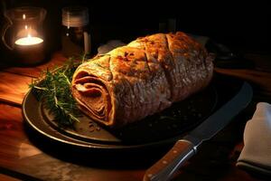 AI Generated Beef wellington, classic steak dish on wooden table. Cutting knife and candle. AI Generated photo