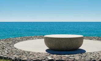 AI generated a stone bench sitting on top of a wall overlooking the ocean photo