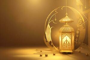 AI generated Arabic lantern with burning candle glowing at night for Muslim holy month Ramadan Kareem photo