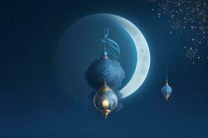 AI generated Arabic lantern with burning candle glowing at night for Muslim holy month Ramadan Kareem photo