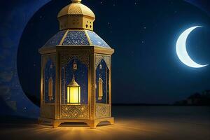 AI generated Arabic lantern with burning candle glowing at night for Muslim holy month Ramadan Kareem photo