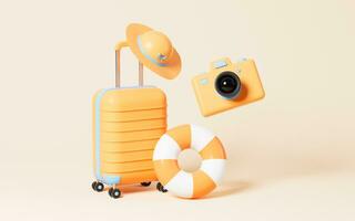 equipaje y cámara en el amarillo fondo, 3d representación. foto