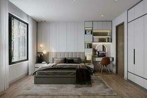 A beautiful view of the minimal bedroom. Sunshine plays into the room. photo