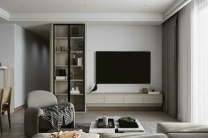 The living room has a minimalist interior with exquisite furniture that is well-decorated. photo
