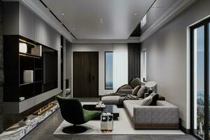 View of the modern living room, well furnished, and 3D render. Illustration photo