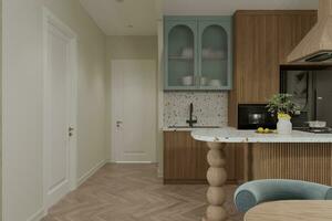 A kitchen featuring a wooden cabinet and used natural color for decoration. photo