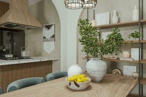 On the dining table, there is a potted plant and a bowl of lemons near the wall shelves. photo