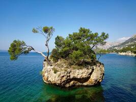 The symbol of Brela, The Brela Stone during a sunny day. This rock in the sea, overgrown with pines, shows the strength and power of survival and growth from the stone itself. Natural beauty. photo