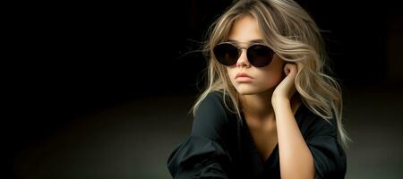 AI generated Beautiful sexy girl in sunglasses, black isolated background. Copy space. photo
