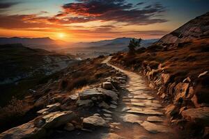 ai generado un sereno montañoso paisaje durante amanecer con un rocoso camino en el primer plano. el cielo es naranja y el Dom es creciente terminado el montañas. foto