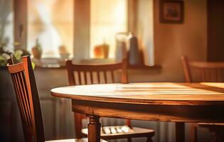 A wooden table and chairs in front of a window with a view of a green garden. The table is set for a meal with placemats, plates, bowls, silverware, and glasses. photo