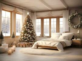 AI generated Christmas tree in a room with presents and a window photo