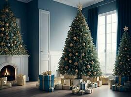 AI generated Christmas tree in a room with presents and a window photo