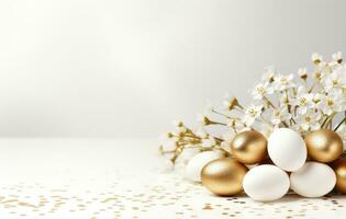 AI generated golden easter eggs and a white flower in one of the white space, photo