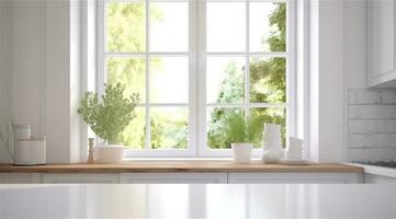 AI generated full view of white kitchen table and windows white kitchen photo