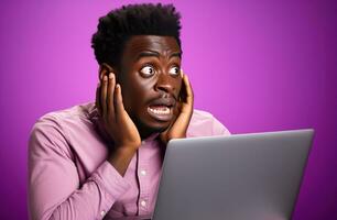 AI generated human being looking at laptop holding up in front of purple background that appears on a pink, photo