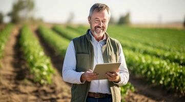 AI generated farmer using tablet in the field, glorious, salvagepunk, photo