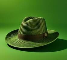 ai generado verde sombrero es mostrado en verde fondo, foto