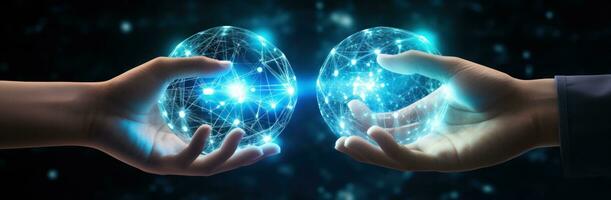 AI generated image of an hand holding another hand and showing an light bulb, photo