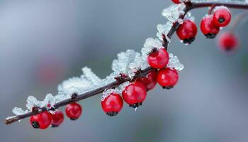 AI generated Snow Covered Red Berries Branch photo