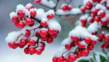 ai generado rojo bayas rama cubierto en nieve foto