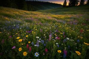 ai generado flores silvestres en montañas a puesta de sol foto