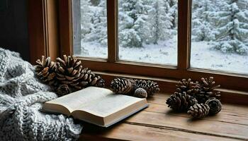 ai generado abierto libro y pinos a invierno ventana umbral foto