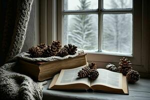 ai generado invierno ventana umbral con libro y pino conos foto