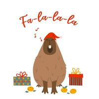 Winter square festive card on white background. Capybara, gift boxes, red hat, musical notes, tangerines and text Fa la la la. Hand drawn flat vector style. Holiday seasonal decoration.