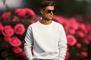 AI generated Man wearing blank White Gildan Sweater, Valentine Oversized Sweatshirt mockup photo