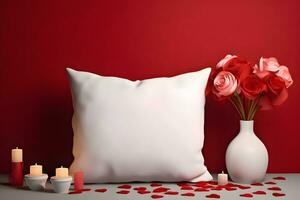 AI generated Valentine Throw pillow cushion product mockup, Valentine's Day White Pillow Mockup photo