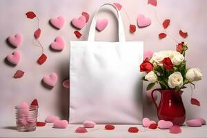 ai generado enamorado totalizador bolso producto Bosquejo, San Valentín día blanco totalizador bolso Bosquejo foto