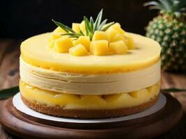 AI generated Healthy layered pineapple cheese cake on wooden table photo