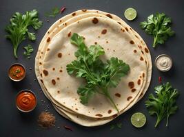 AI generated Indian Traditional Cuisine Chapati The Phooli  Air filled Roti, Fulka, Indian Bread, Flatbread, Whole Wheat Flat Bread Chapathi photo