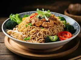 AI generated Asian vegetarian food udon noodles with baby bock choy, shiitake mushrooms, sesame and pepper photo