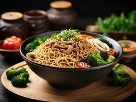 AI generated Schezwan veg noodles is a spicy and tasty stir beef fried flat Hakka noodles with sauce photo