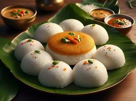 AI generated idli with sambar coconut chutney and kara chutney served in a banana leaf photo