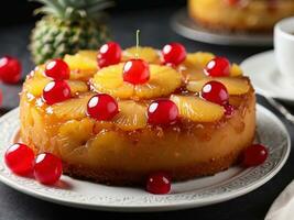 ai generado cerca arriba de piña al revés abajo pastel servido en plato foto