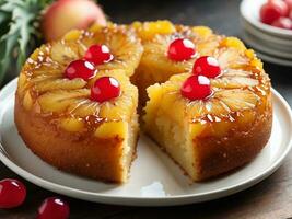 AI generated Upside down pineapple cake with caramel photo