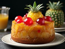 AI generated Close up of pineapple upside down cake served on plate photo