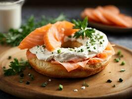 AI generated Everything bagel with smoked salmon, spinach, red onions, avocado and cream cheese over a rustic wood table photo