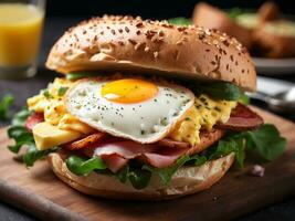 AI generated Poppy seed bagel with cheese cream, smoked egg and arugula photo