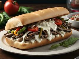AI generated Tasty beef steak sandwich with onions, mushroom and melted provolone cheese in a ciabatta photo